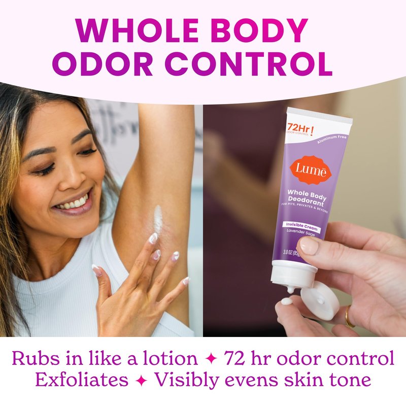Lume Whole Body Deodorant - Invisible Cream Tube - 72 Hour Odor Control - Aluminum Free, Baking Soda Free, Skin Safe - 3.0 ounce (Pack of 2) (Lavender Sage)