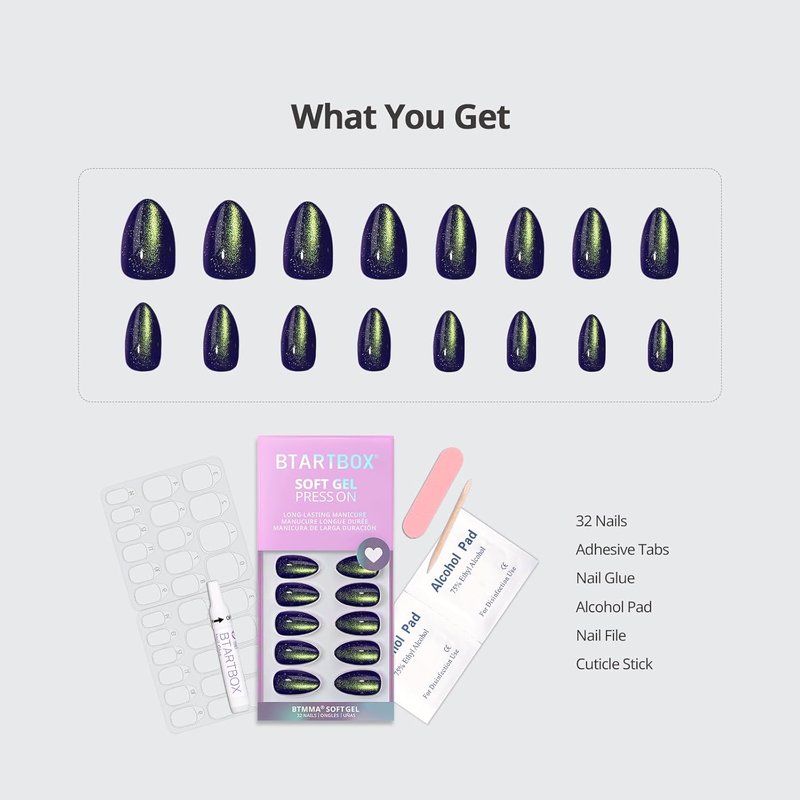Press On Nails - Witch's Emerald & Sparkle Cat Eye Blue | Halloween Almond Gel Nails Kit - 16 Sizes, 32 Pieces