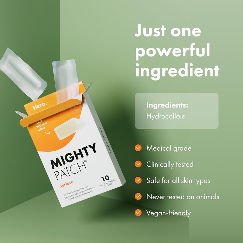 Hero Cosmetics Mighty Patch Surface Large Pimple Patches - Vegan-Friendly Acne Spot Stickers | 10 Count for Face