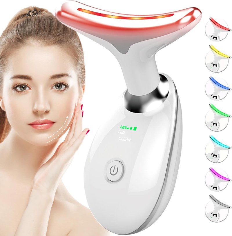 Red Light Therapy Face Massager - 7 Color Vibrating Tool for Wrinkles & Double Chin | Glossy White