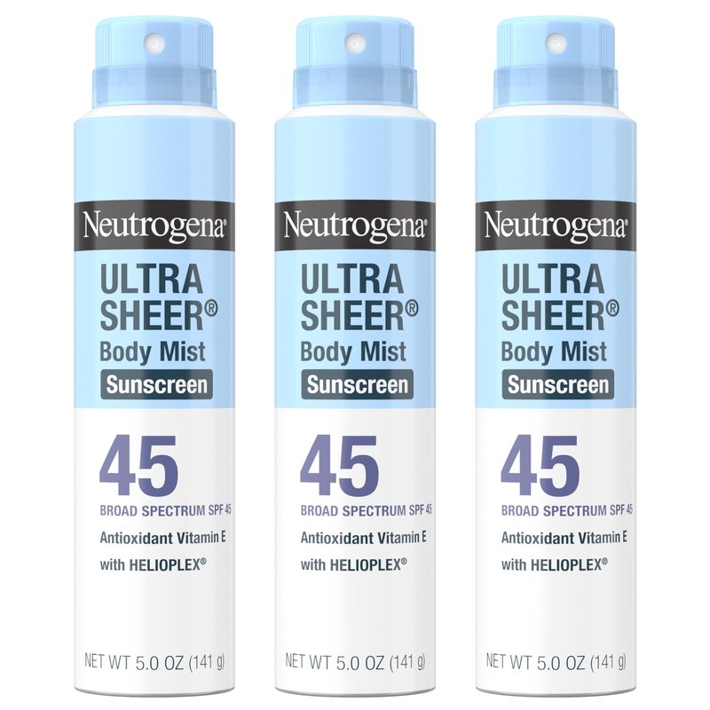 Neutrogena Ultra Sheer Sunscreen Spray SPF 45 Body Mist, Lightweight Non-Greasy Broad Spectrum UVA/UVB Protection, Oil-Free & Non-Comedogenic Water Resistant Spray Sunscreen (80 min), Pack of 3, 5 oz