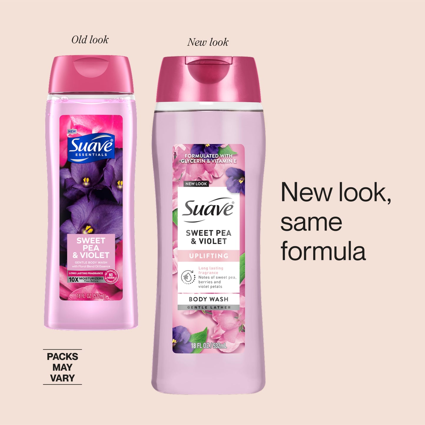 Suave Sweet Pea & Violet Moisturizing Body Wash with Glycerin & Vitamin E, Hydrating Formula For Soft, Smooth Skin, Long Lasting Fragrance, Paraben Free, 18 FL OZ