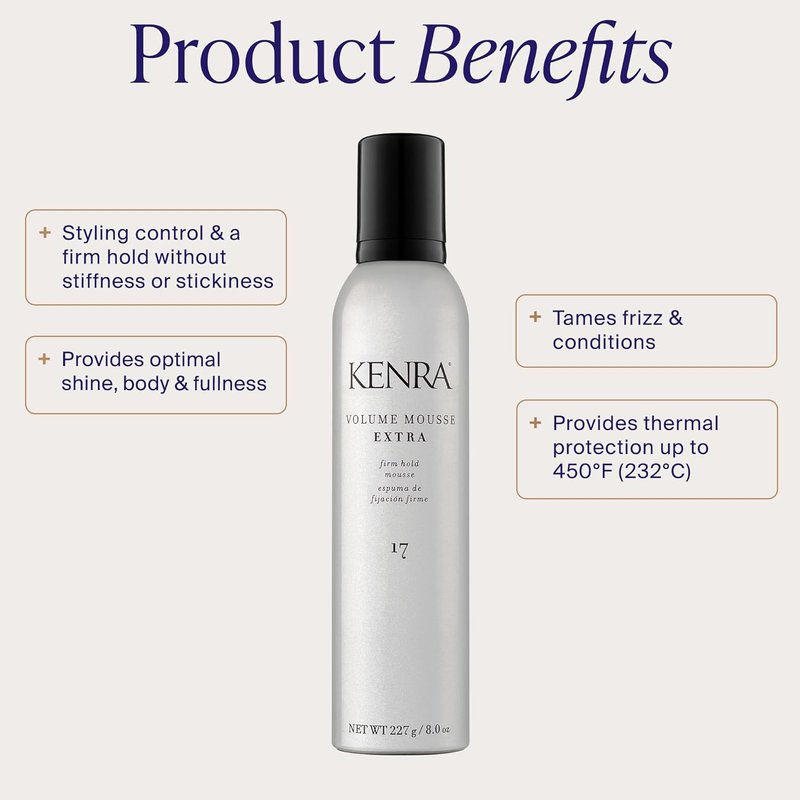 Kenra Volume Mousse Extra 17 | Firm Hold Mousse | Non-drying, Non-flaking Lightweight Formula | Tames Frizz & Conditions |Thermal Protection up to 450F| All Hair Types | 8 oz