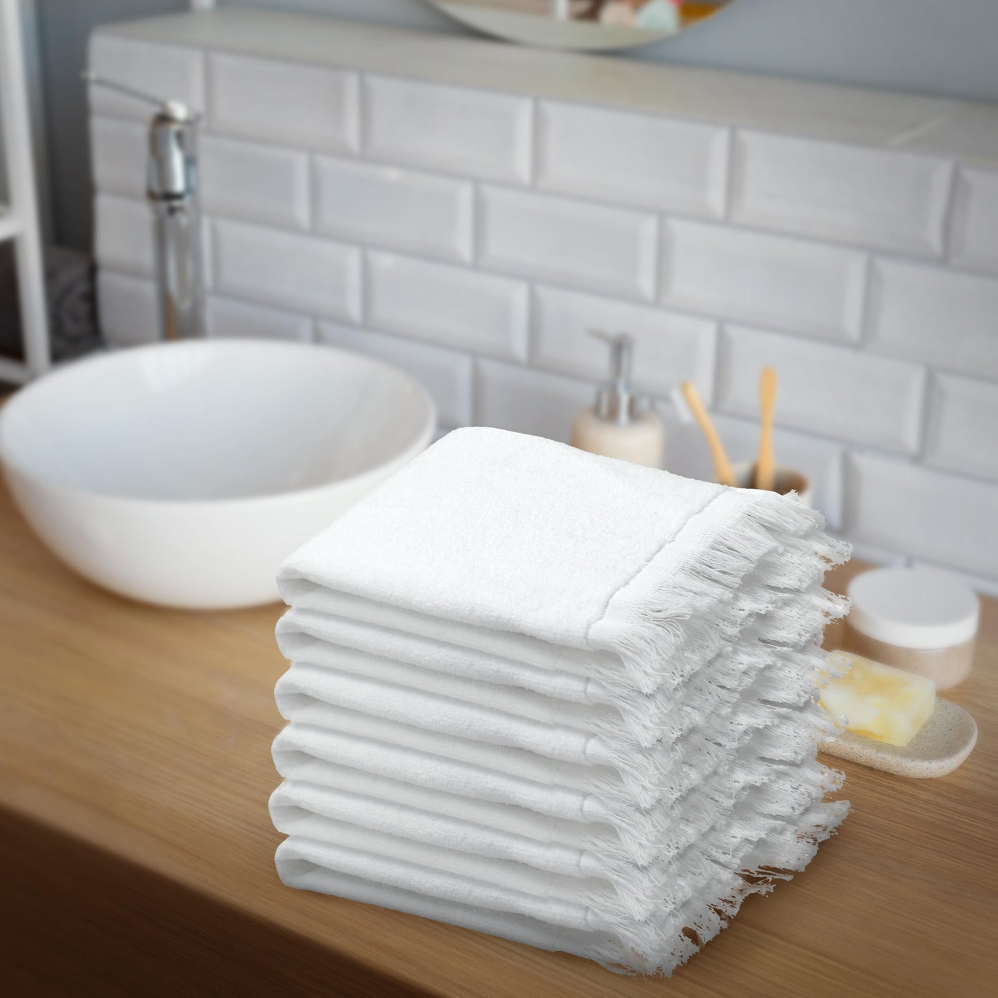 The Holy South - Fringed Reversible Fingertip Hand Towel (Size 11" W x 18" L) Terry Cotton Washcloth Set for Face and Bathroom use. (3, Lime Green)