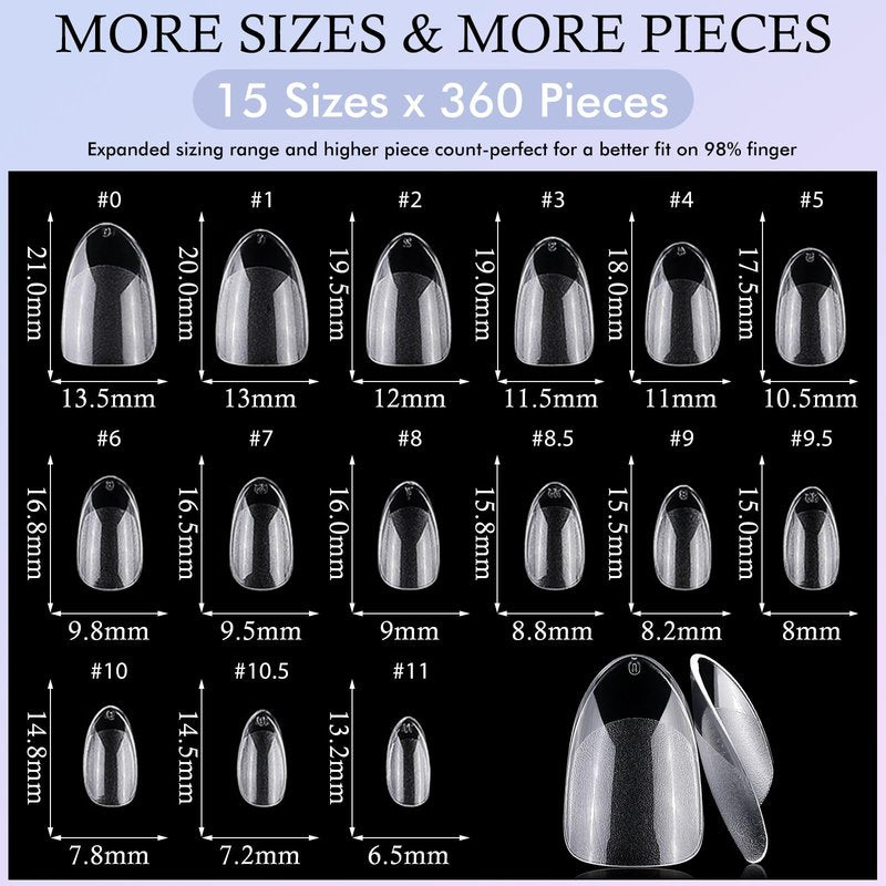 360pc Short Almond Nail Tips, Soft Gel Nail Tip Clear Press on Nail Short Fake Nails Almond, 15 Sizes Full Cover False Artificial Fingernail XS Stiletto Acrylic Nails Tips for Gel Nail Extension