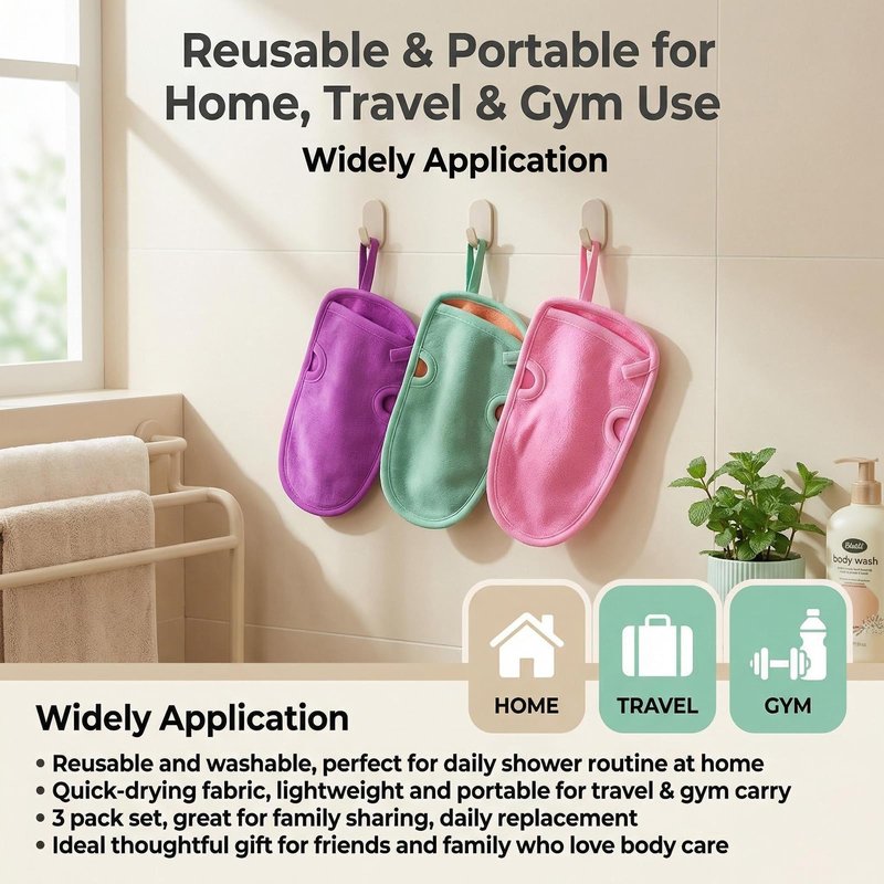 3 PCS Bathing Shower Mittens Body Wash Massage Spa Mitt Towel for Adults Children Body Back Rubbing Exfoliating Washing Cleaning Color Random