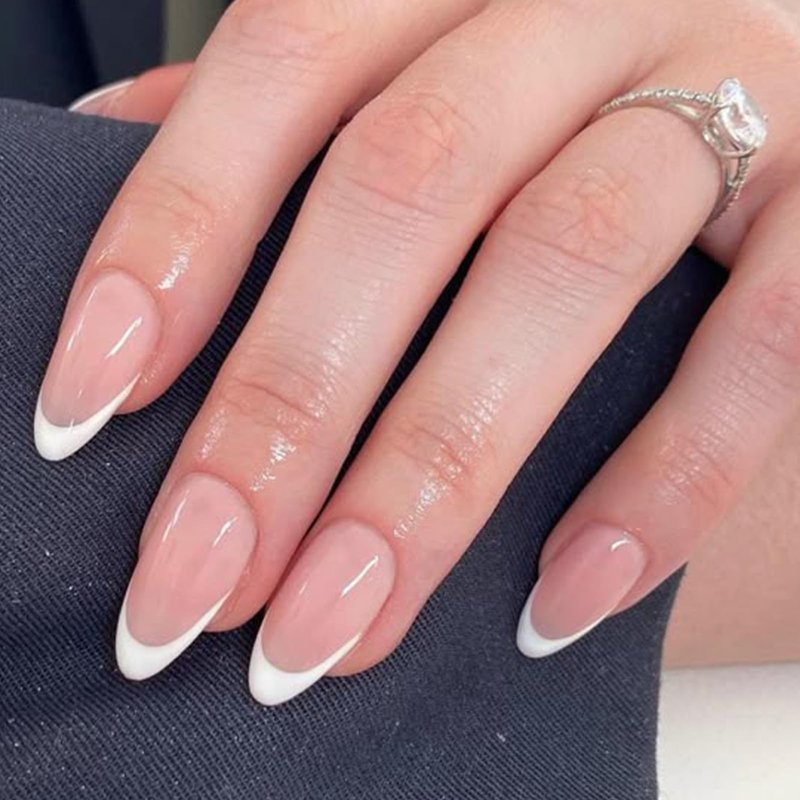 Modelones French Tip Press on Nails Almond, Summer Short Almond Fake Nails for Women, Reusable Nail Kit with Nail Glue Adhesive Tabs Mini Nail File, Nails Press Ons 32Pcs 16 Sizes ﻿