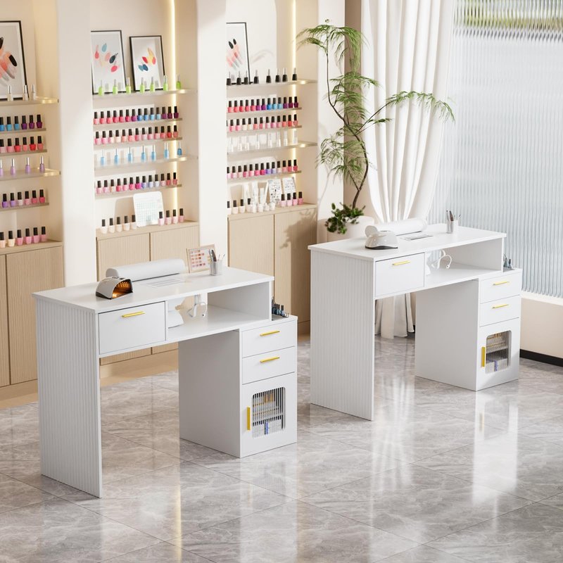 OmySalon Nail Desk with Ribbed Design & Electric Dust Collector - Nail Tech Station with Storage Drawer, Fluted Glass Cabinet & Wrist Cushion for Home Salon & Spa (White)