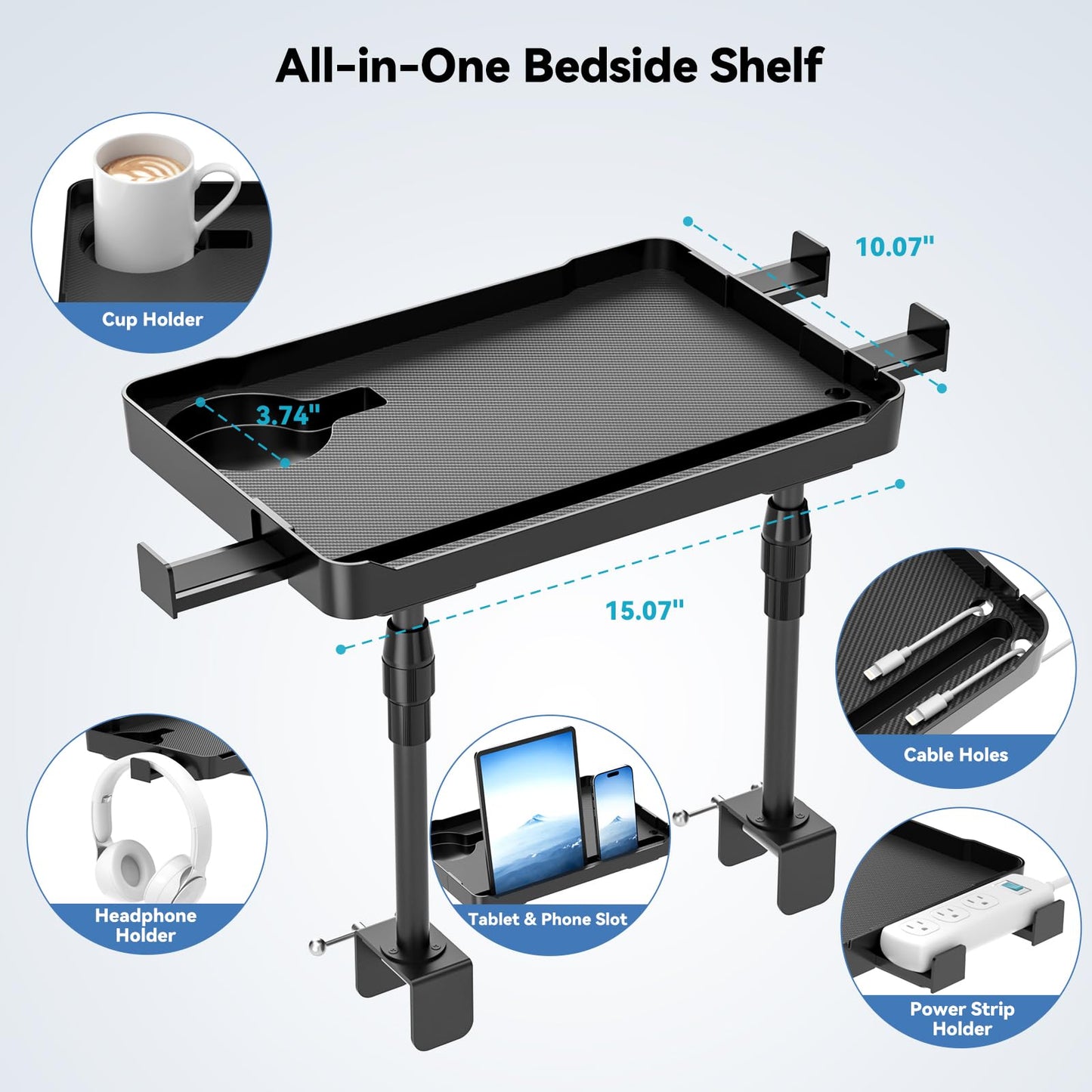 Bedside Shelf Bunk Bed Shelf for Top Bunk 15’’ Clip On Bedside Tray Adjustable Height Attachable Bedside Table Dorm Bedside Table for Loft Bed Dorm Room with Cup Holder & 3 Retractable Hooks Black