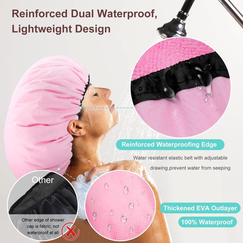 Sheomern 2 Pcs 15" XL Extra Large Terry Lined Shower Cap, Adjustable Dual Waterproof Shower Cap for Women Reusable Soft Hair Cap Bath Cap for Long Braids, Thick Hair, Locs, Curly Hair
