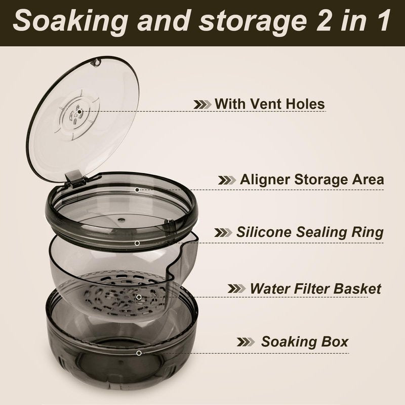 Maoerdental Retainer Cleaner Case,Double Layer No-Leak Denture Cup for Soaking Dentures, Denture Bath for Invisalign Aligner,Retainers,Mouth Guard,Night Guard (Black)