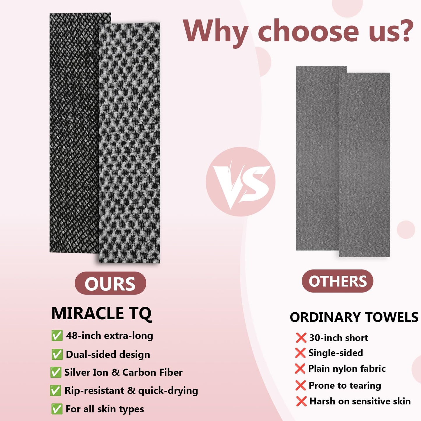 Miracle TQ Exfoliating Shower Towel 48" Dual-Sided Washcloth, Body & Back Scrubber w/Hexagon Woven, Silver Ion, Carbon Fiber, Deep-Cleansing, Quick-Drying, Rip-Resistant, All Skin Types (Black（1PC）)