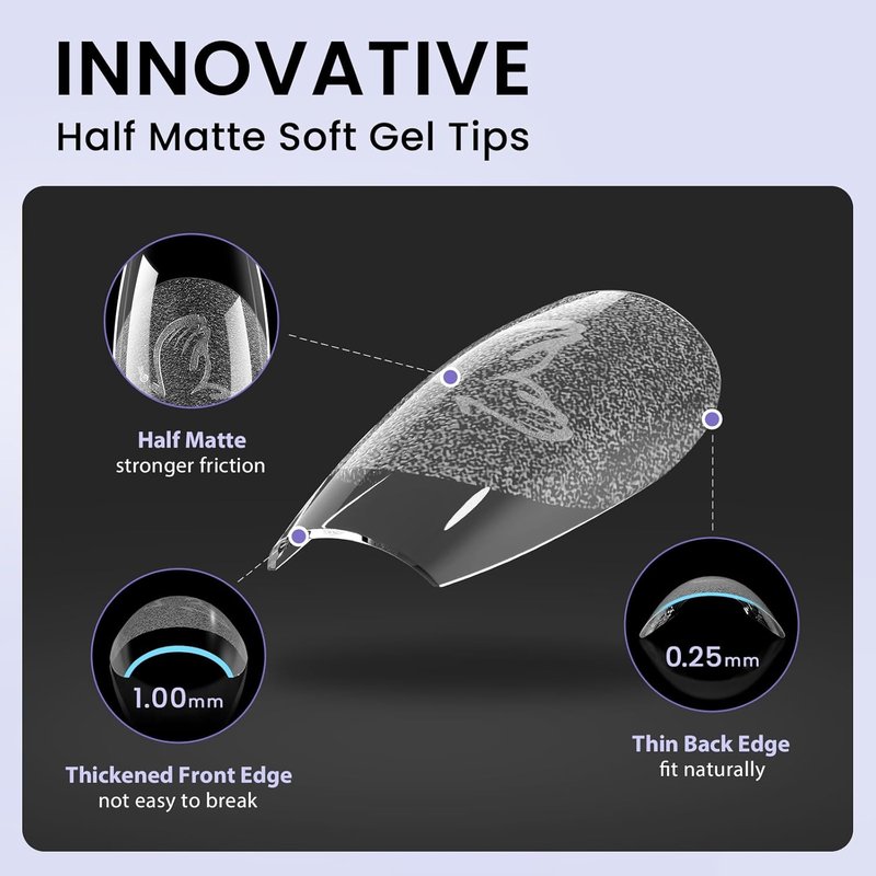 BTArtbox Half Matte Soft Gel Nail Tips - 320pcs Pre-Shaped Almond Full Cover Nails | Clear & Natural Fit, 16 Sizes