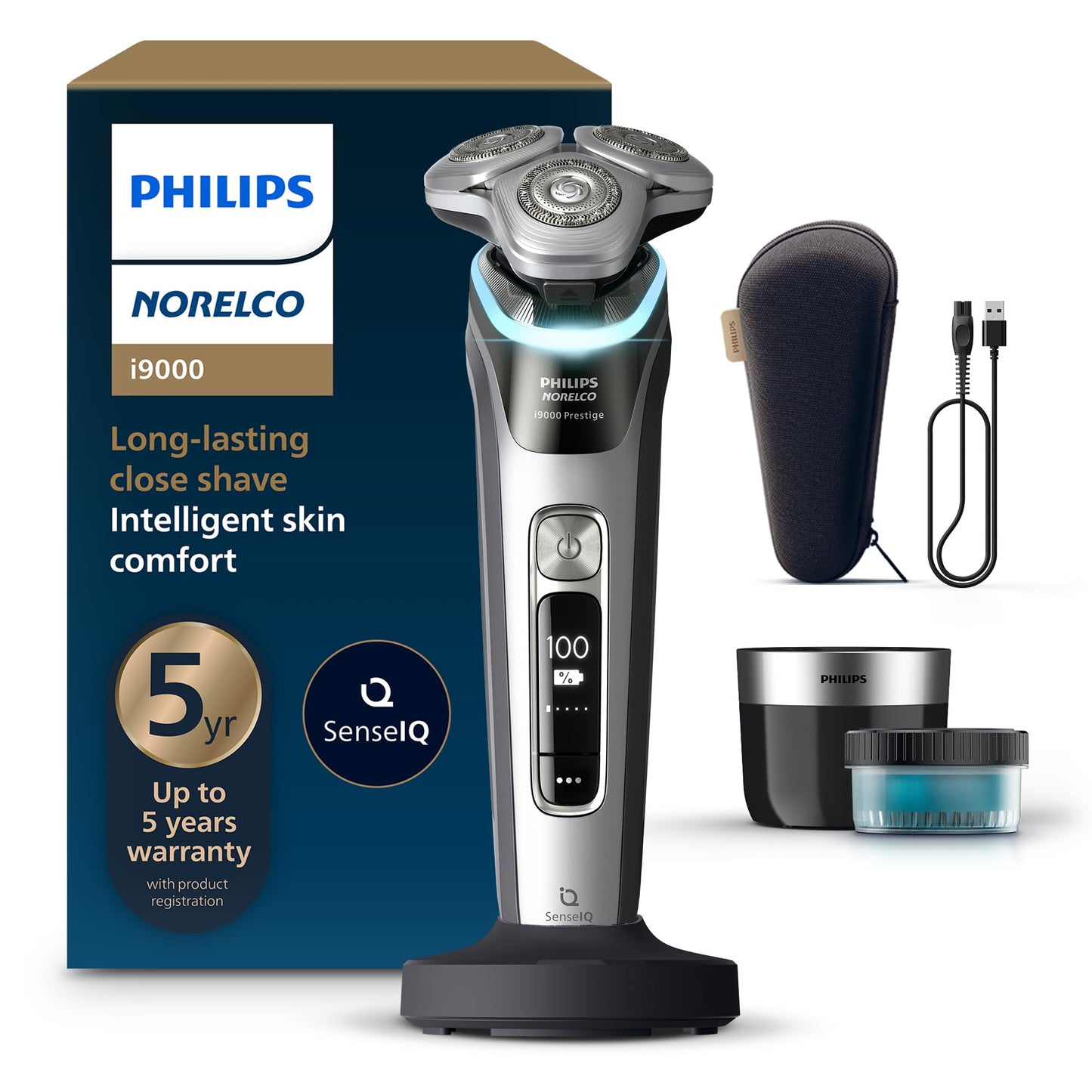 Philips Norelco Shaver i9000 Prestige, Wet & Dry Electric Shaver, Dark Slate Nova, SenseIQ Technology, Triple Lift & Cut System, 360 Rotating Dual SteelPrecision Blades, Charging Stand, XP9204/85