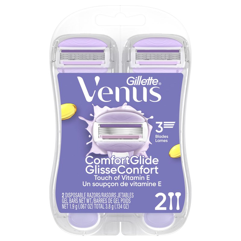 Gillette Venus ComfortGlide Touch of Vitamin E, Disposable Razor for Women, 3 Blades, Water-Activated Moisture Bars, 2ct
