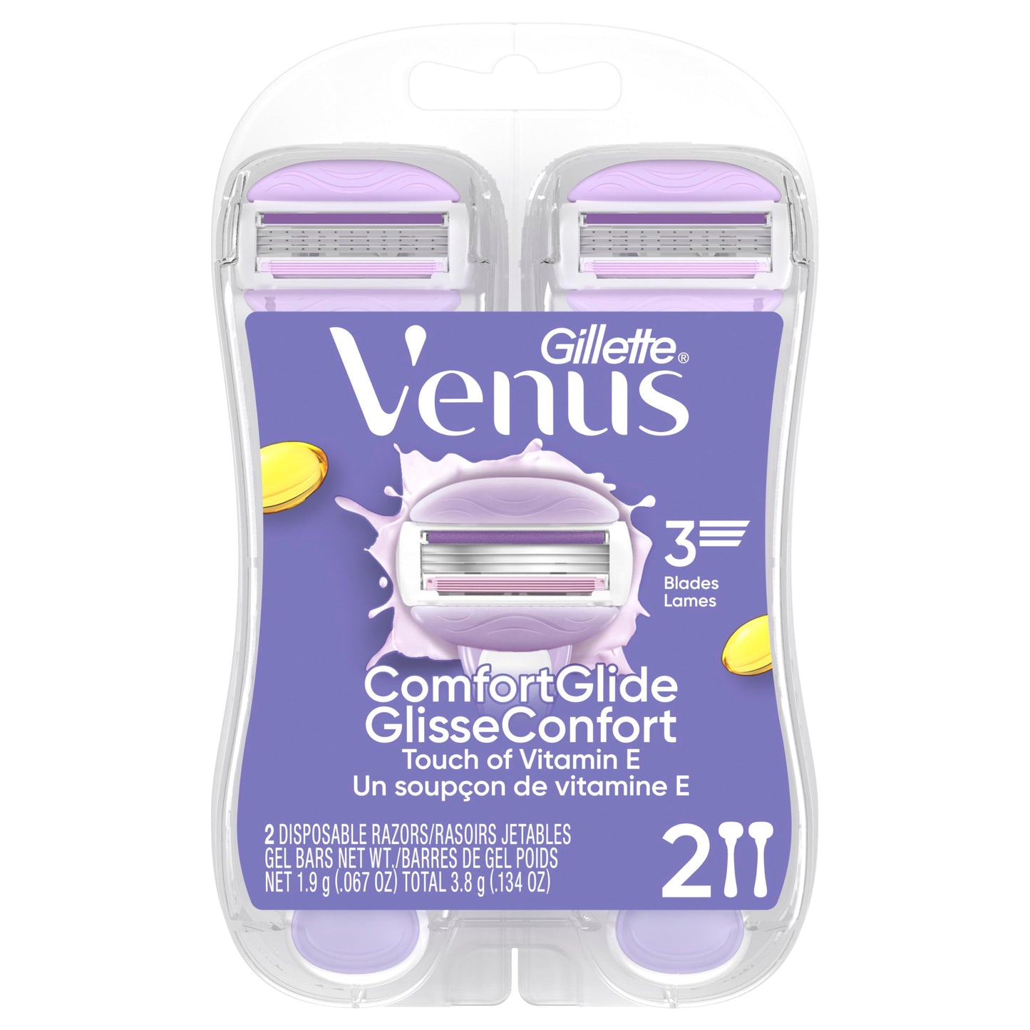 Gillette Venus ComfortGlide Touch of Vitamin E, Disposable Razor for Women, 3 Blades, Water-Activated Moisture Bars, 2ct