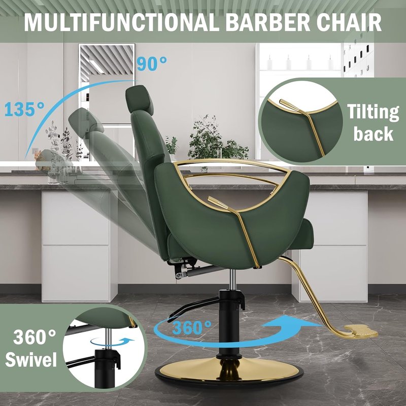 Salon Chair for Hair Stylist - 360° Swivel Reclining Barber Chair | Height Adjustable Spa Beauty Equipment, Green Gold