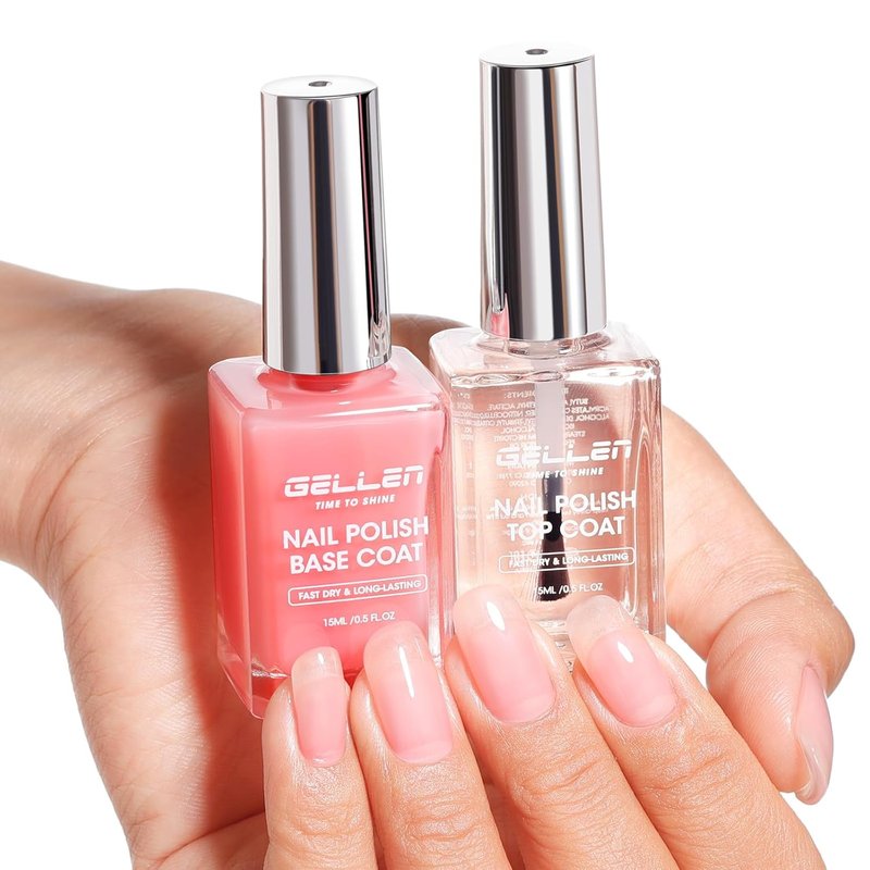 GELLEN Clear Nail Polish | Sheer Pink Tinted Base & No Wipe Top Coat for Strengthening Natural Nails