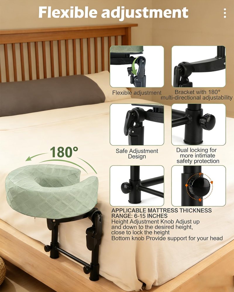 ivebed Massage Headrest for Bed, Adjustable Height Memory Foam Head Holder with Washable Pillow Cover, Portable Home Comfort Face Down Cradle Kit for Rest Neck Shoulder at Mattress (Green)