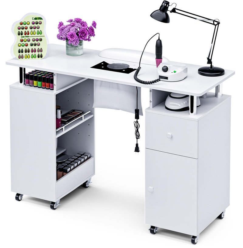 HolaiNail Manicure Table Nail Desk for Nail Tech, Acetone Resistant Beauty Salon Station with Dust Collector, Wrist Pad, Lockable Wheels, Drawer & Cabinet, White
