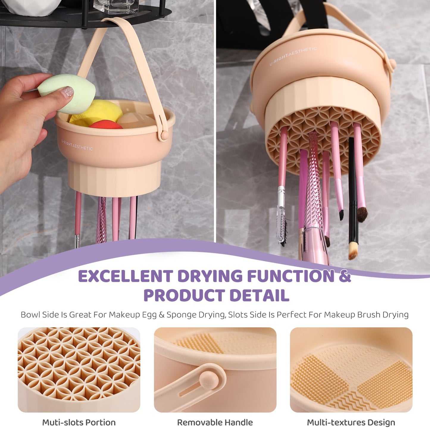 GOLIKEE Makeup Brush Cleaner Mat 3 in 1 Silicone Makeup Brush Cleaner Bowl Cosmetic Brushes Cleaning Tool Organizer for Storage and Air Drying (Purple)