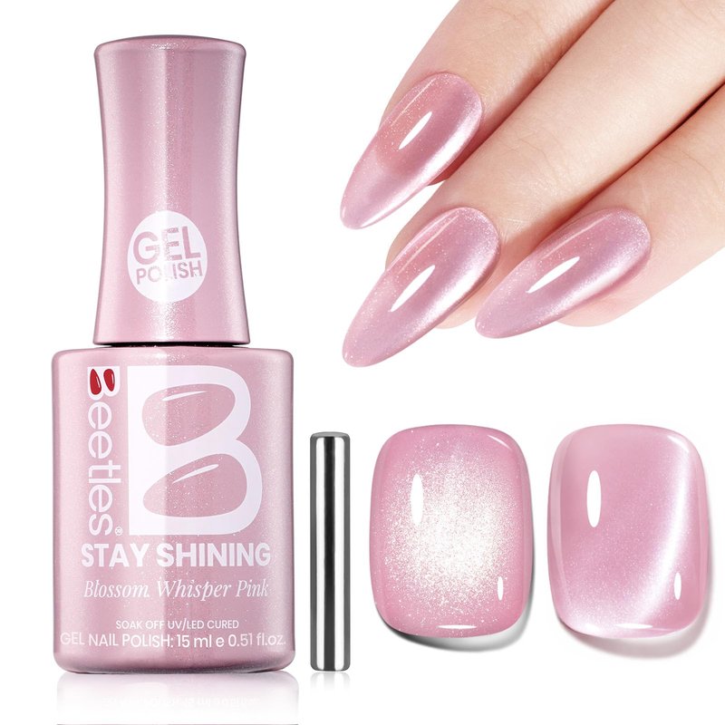 Beetles Stay shining Pink Cat Eye Gel Nail Polish - 15ML Blossom Whisper Pink Cat Eye Glitter Gel Polish with Magnet Jelly Translucent Glass Effect Soak Off UV DIY Manicure Spring Gift for Women
