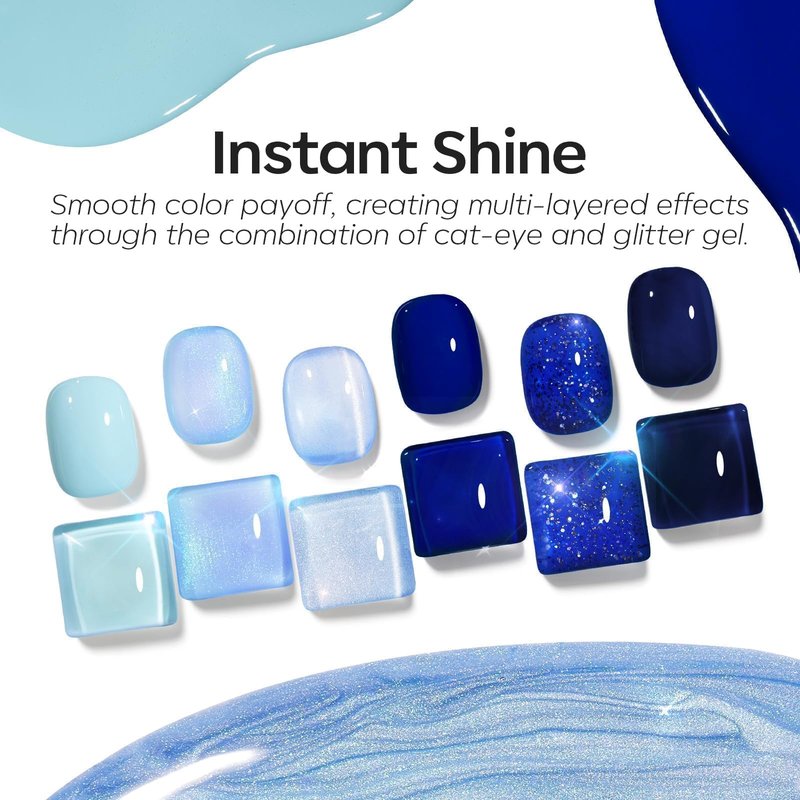 modelones Blue Gel Nail Polish, 6 Colors Spring Summer Hema Free Pastel Royal Navy Sky Icy Klein Dark Blue Glitter Gel Polish Galaxy 9D Cat Eye Nail Polish with Magnet Soak Off Led Nail Art Kit