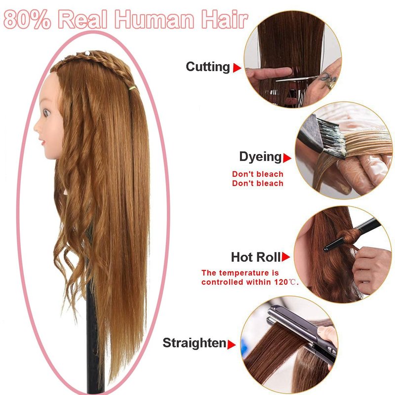 Mannequin Head - 80% Human Hair Cosmetology Training Tool | 28'' Doll Head for Hairdressers