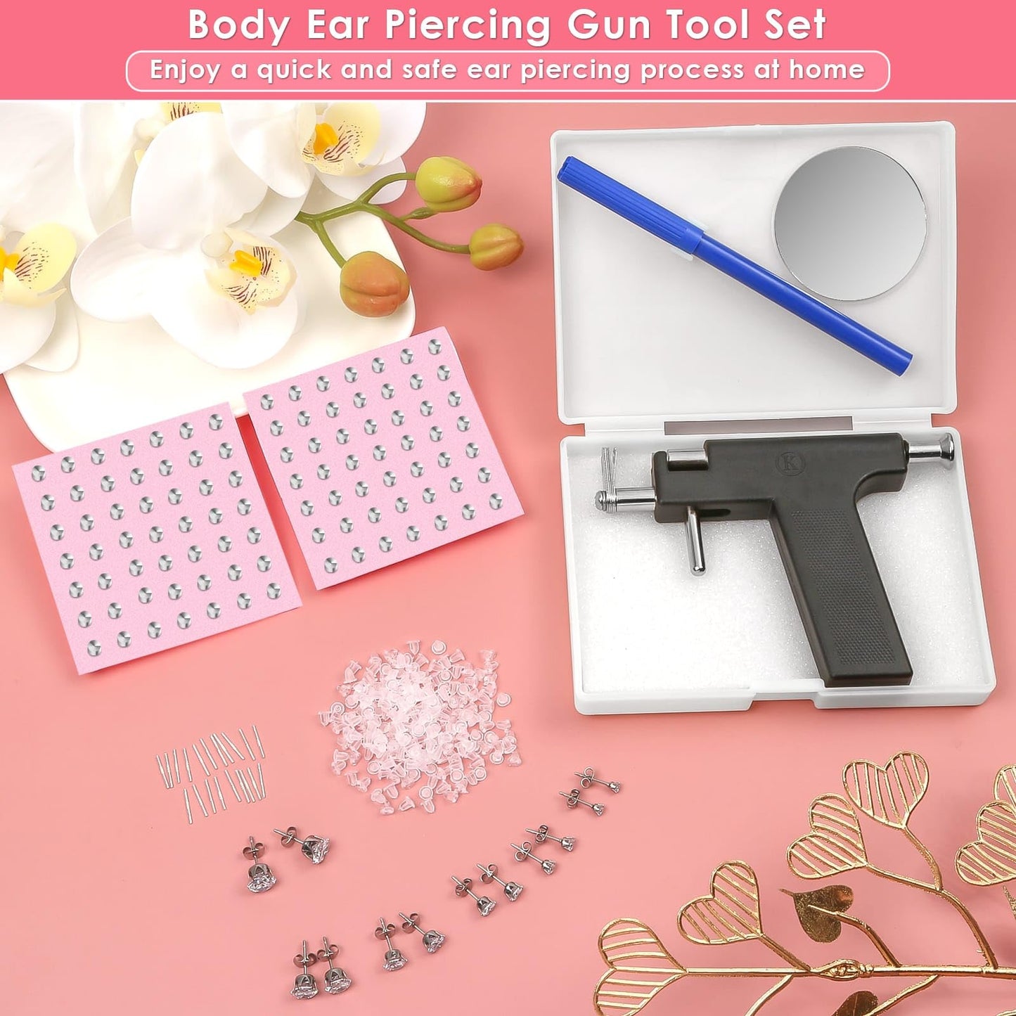 Professional Ear Piercing Gun Kit, Reusable Piercing Gun with Stainless Steel Piercing Earrings Studs, Crystal Earrings for At Home Salon Earlobe Cartilage Helix Tragus Piercing Tool Kit