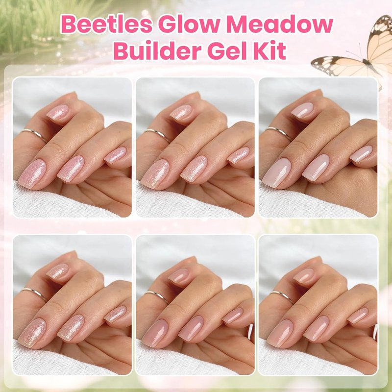 Beetles Builder Gel Nail Kit - Glow Meadow 6-Color Pink Nude Glitter Gel for Nail Strengthening & Extensions | Beginner-Friendly DIY