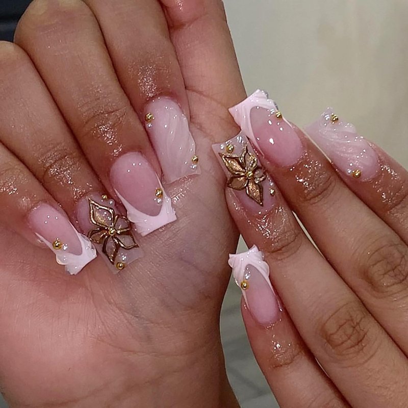 Gold Flower Press-On Nails - Medium Square French Tip with Pink Glossy Finish | 24 Pcs Acrylic Coffin Nails