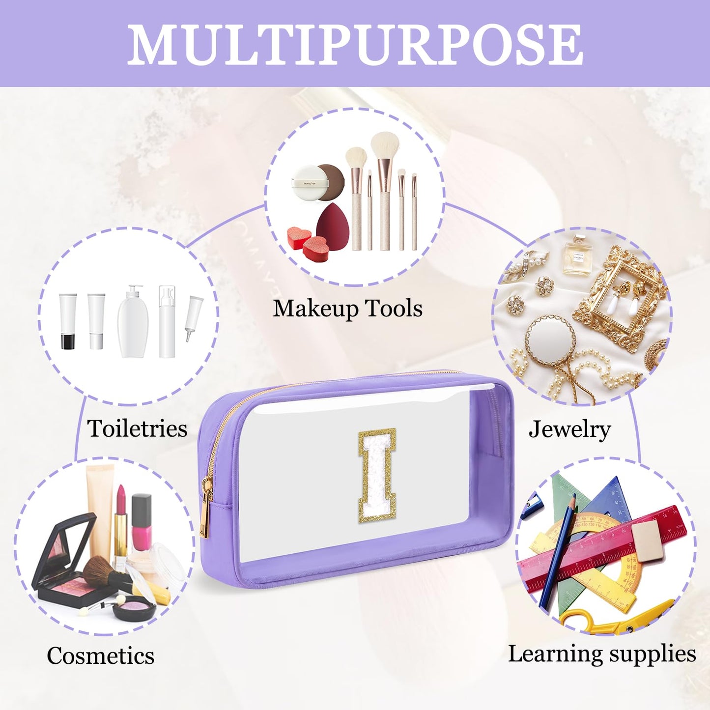 Small Clear Personalized Initial Makeup Bag,Nylon Preppy A-Z Chenille Letter Patch Cosmetic Pouch Beach Toiletry Bag,Waterproof Zip Travel Purse Storage Bag Organizer for Women Girls(Purple-White I)