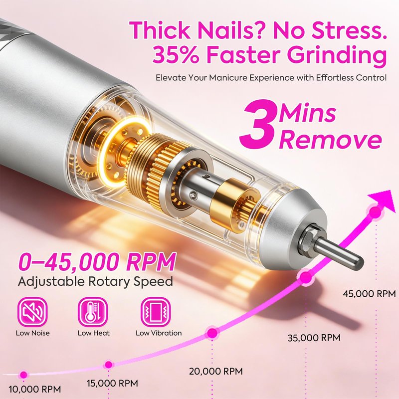 Professional Electric Nail Drill File: 45000RPM Portable Rechargeable Nail E File Machine for Acrylic Nails Gel Polishing, Cordless Efile with 7 Drill Bits, 56 Sanding Bands for Manicure Salon Home