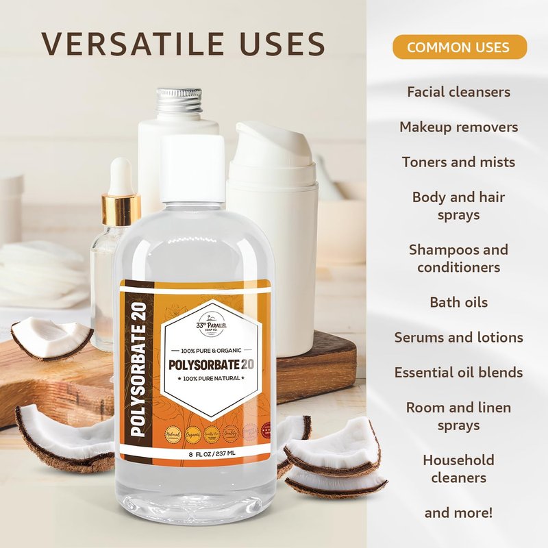 Polysorbate 20 (16oz) | USP Grade - Tween 20 Gentle Natural Emulsifier & Solubilizer for Essential Oils, Fragrances, Sprays, Lotions, Shampoos | Improves Stability & Clarity | 16 OUNCES