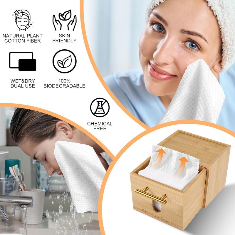 Bamboo Face Towel Holder - Wall Mounted Skincare Organizer with Cotton Swab Box | 60 Disposable Towels Included
