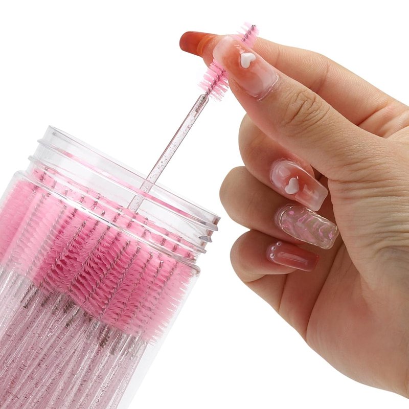 Skiennix Disposable Mascara Wands - Crystal Eyebrow Spoolies for Eyelash Extensions | 100 Pcs, Pink