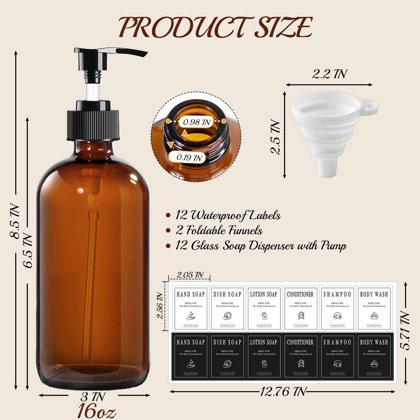 TBWIND 12 Pack Amber Glass Bottles 16oz with Pump Dispensers, Refillable Empty Pump Bottles for Bathroom, Kitchen, Shampoo, Soap, Lotion – Includes 2 Funnels & 12 Labels