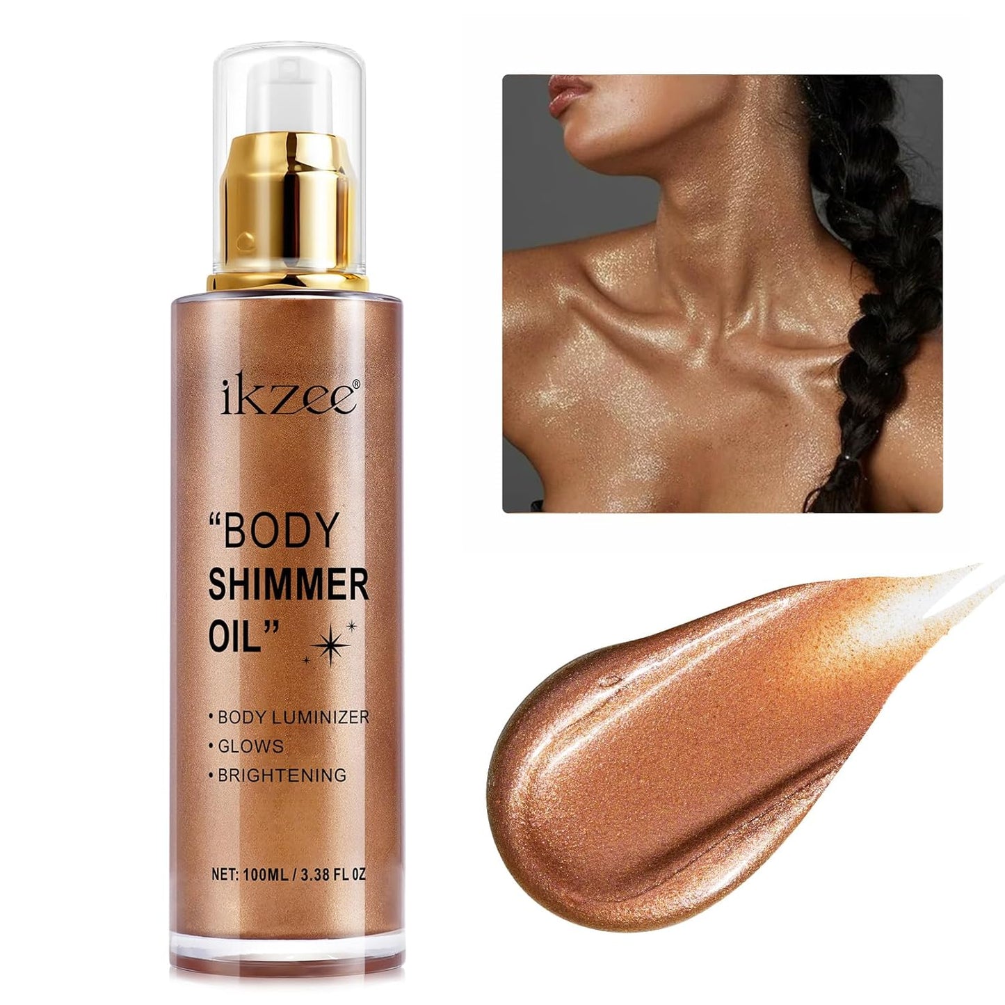 Skiennix Shimmer Oil - 100ml Moisturizing Body Luminizer | Waterproof Glitter Highlighter in Bronze Gold