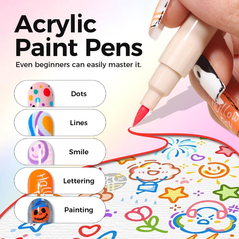 GELLAKTIK 12 Colors Nail Art Pens Set, 3D Nail Polish Pens Quick-Drying Acrylic Paint Markers, Dotting Liner Brush for DIY Nail Design, Home & Salon Manicure Tools