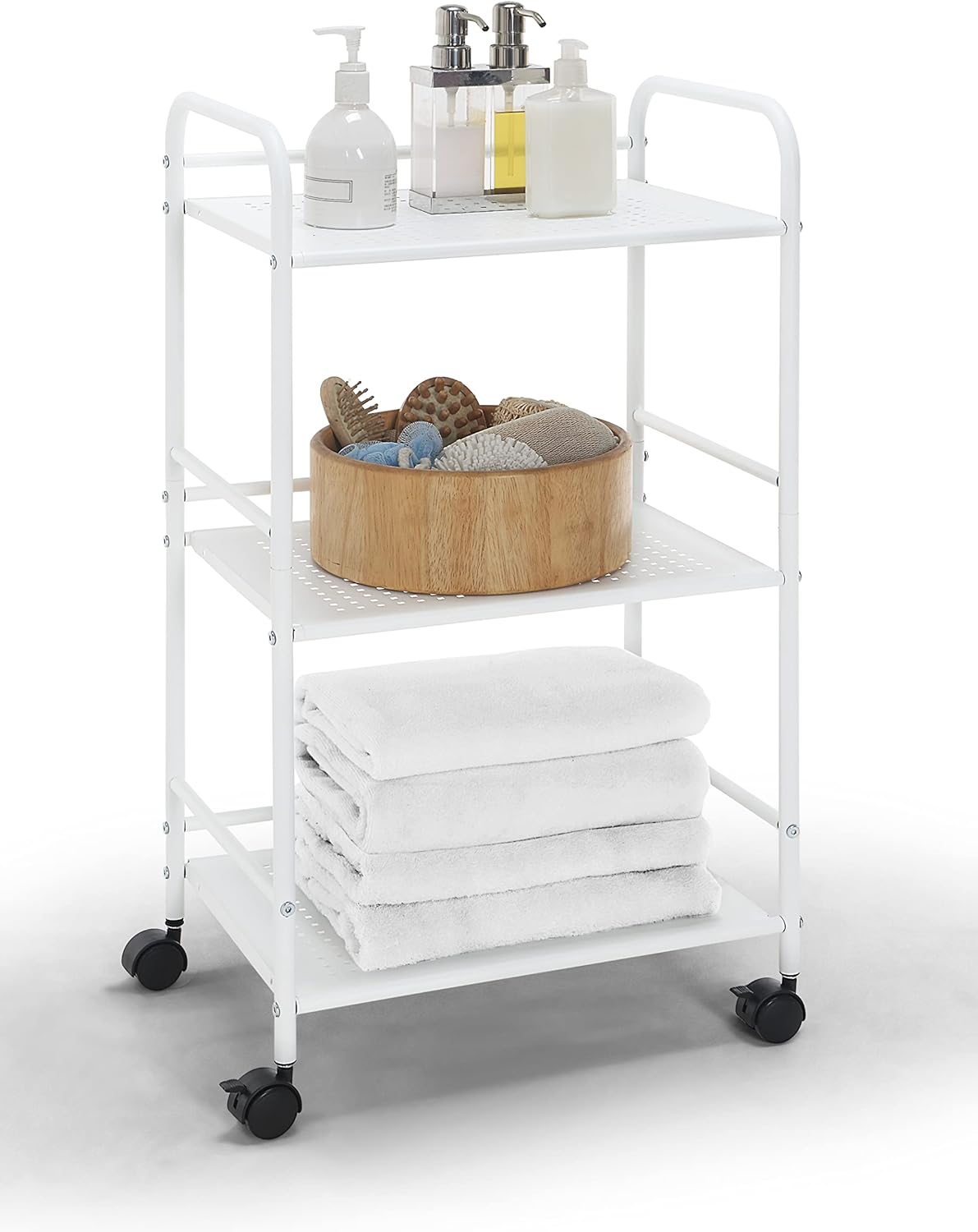 SunnyPoint 3-Tier Rolling Utility Cart - Metal Storage Organizer with Wheels | Mobile Kitchen & Office Cart, White, 12"D x 16.92"W x 31.1"H