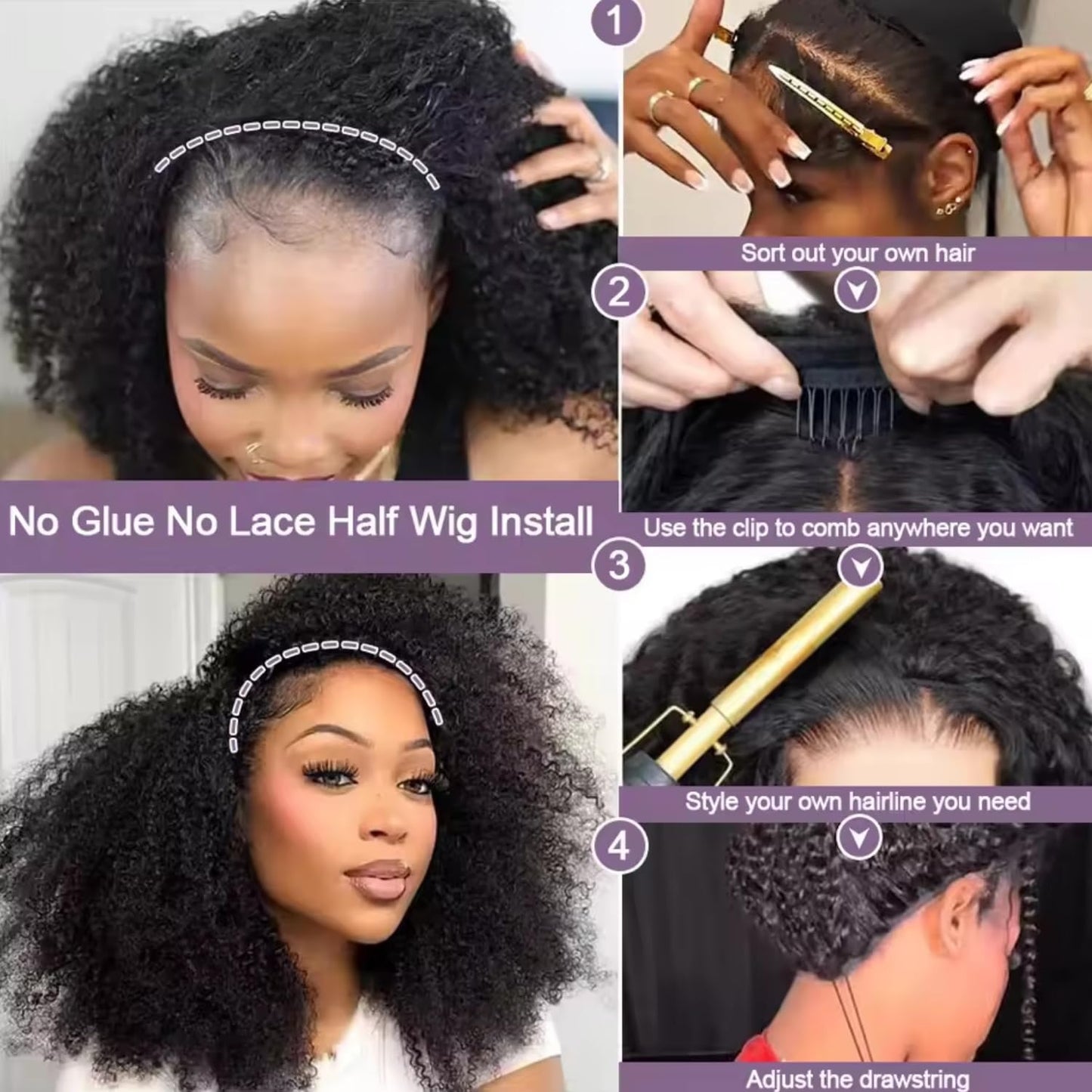 VIPbeauty Kinky Curly Half Wig Human Hair 200 Density 3 In 1 Seamless Flip Over Glueless Wear and Go Beginner Friendly Burmese Curly Half Wig Human Hair Drawstring Headband 26 Inch