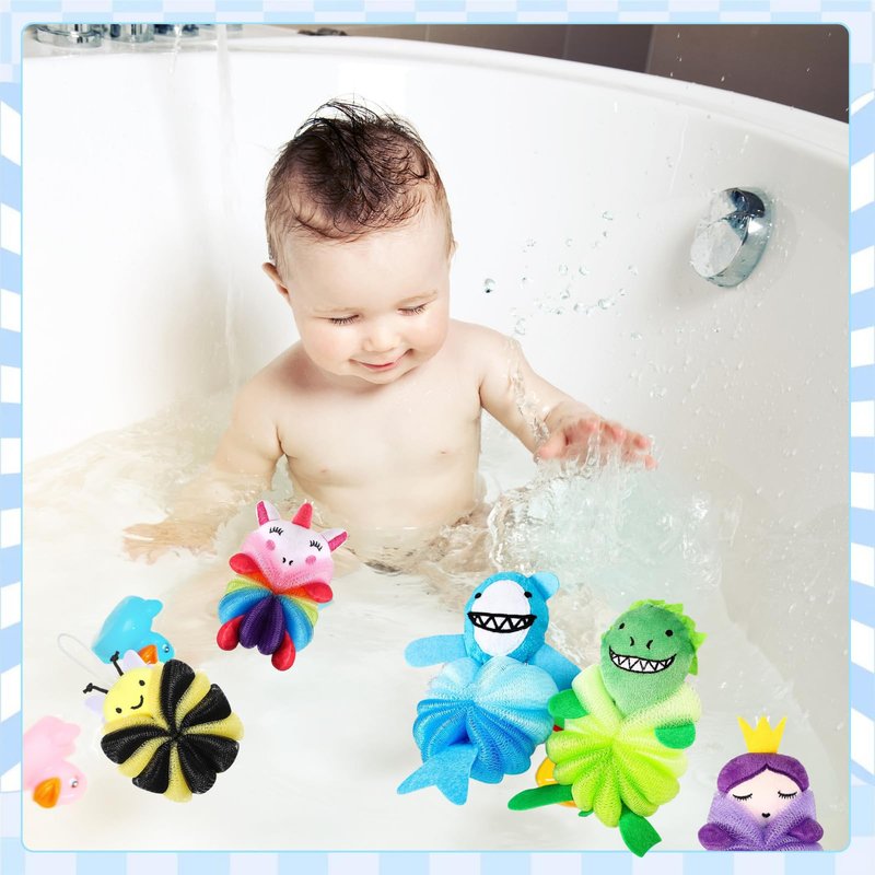 ASTRYAS 6 Pcs Bath Loofahs Kids Toddler Cute Animal Bath Sponges Loofah Pouf Body Scrubber Mesh Sponges for Children Shower Washing Exfoliating