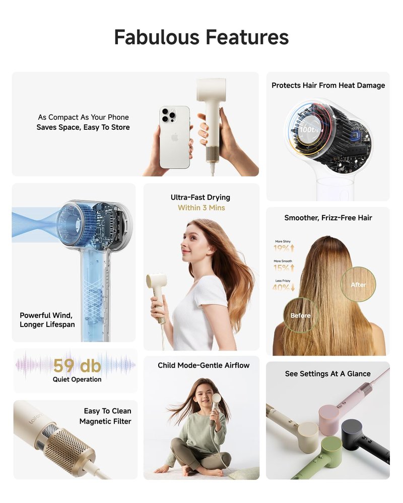 Laifen MINI Hair Dryer, Lightweight and Compact High Speed 200M Ionic Blow Dryer with 110, 000 RPM Powerful Motor for Fast Drying, Low Noise, Hairdryer with Magnetic Nozzle, Child Mode, HD310