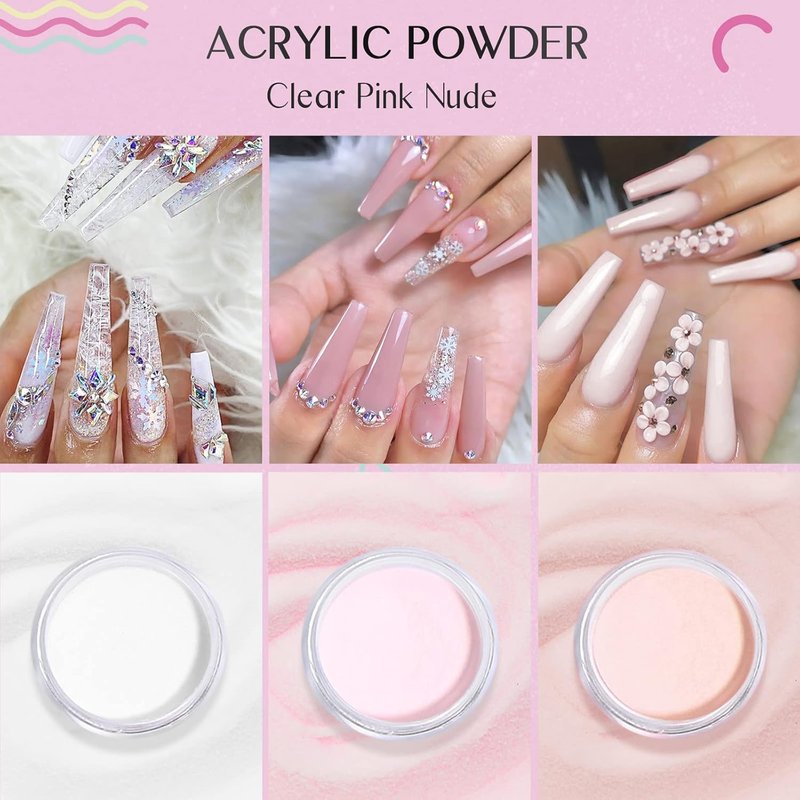 Acrylic Nail Kit - Clear Pink Nudes Powder & Liquid with Brush | All-in-One System for DIY Nail Art