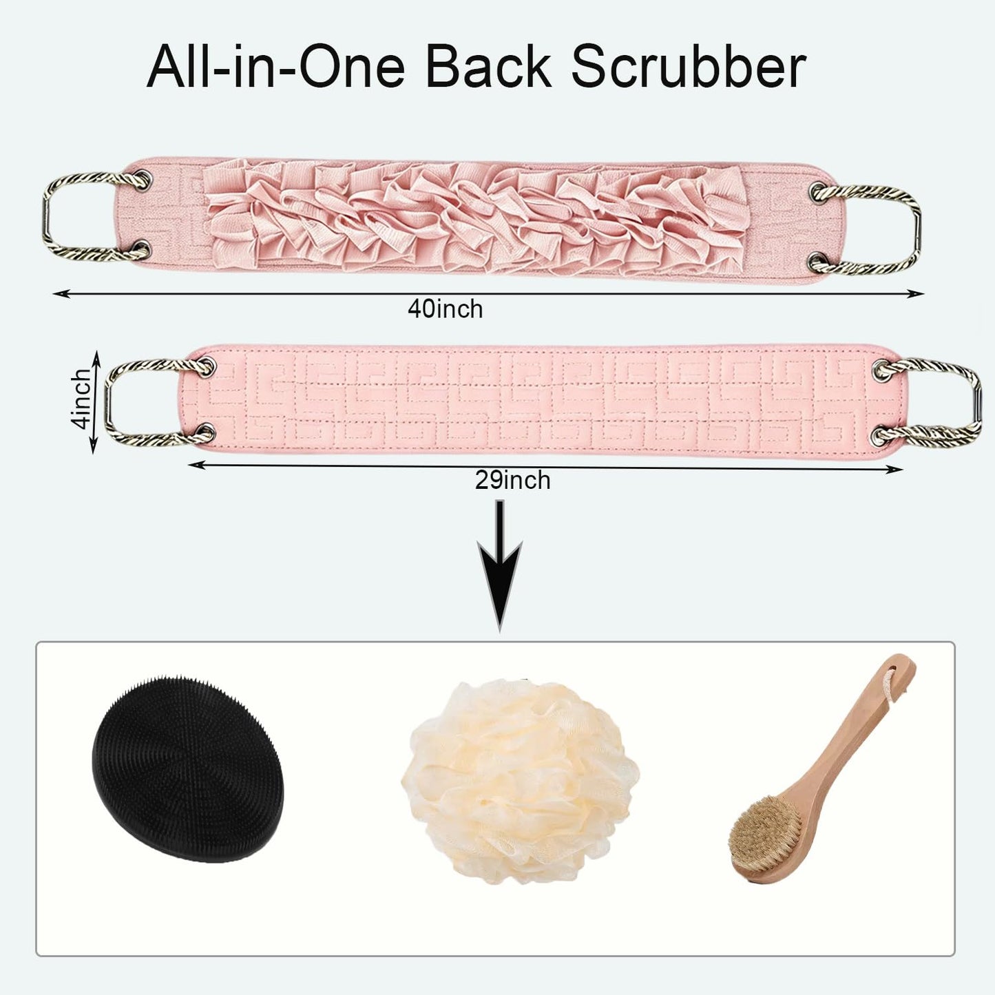 Dual-Sided Back Scrubber for Shower, 2-in-1 Reinforced Exfoliating Washcloth with Handle, Durable Deep Cleansing Body Exfoliator, Back Washer Bath Essentials for Men, Women & Elderly