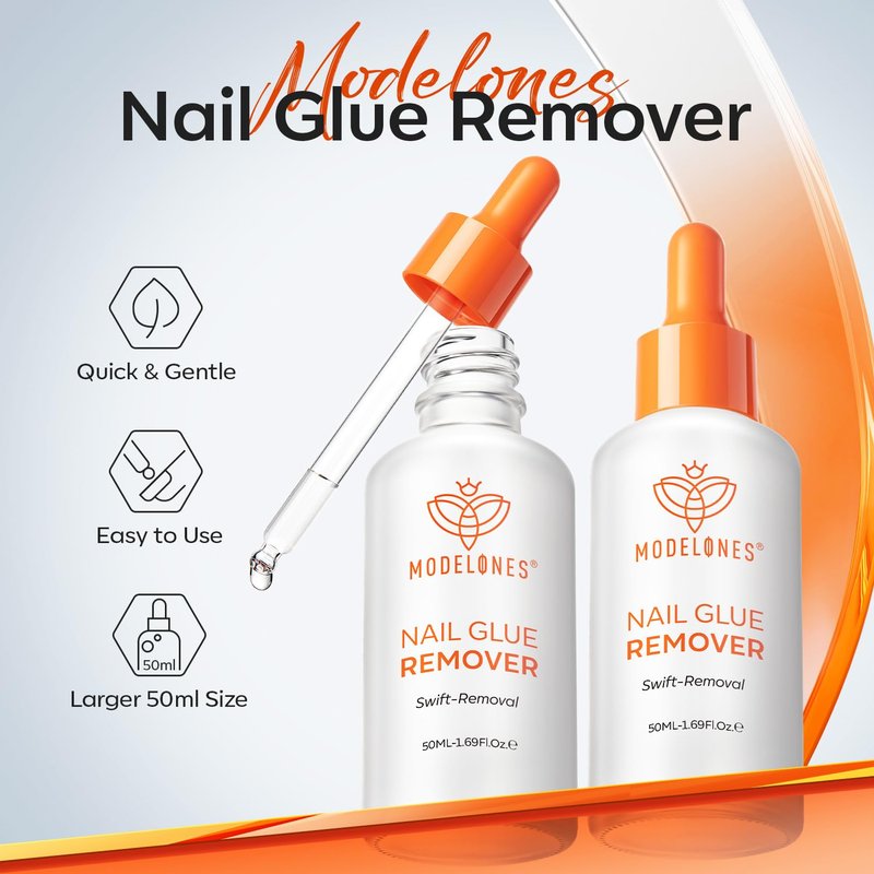 Modelones 50 ML Nail Glue Remover for Base Coat Press On Nails, Upgrade Clear Stick On Nails Remover for Acrylic Tips, Nail Polish Remover with Wood Stick