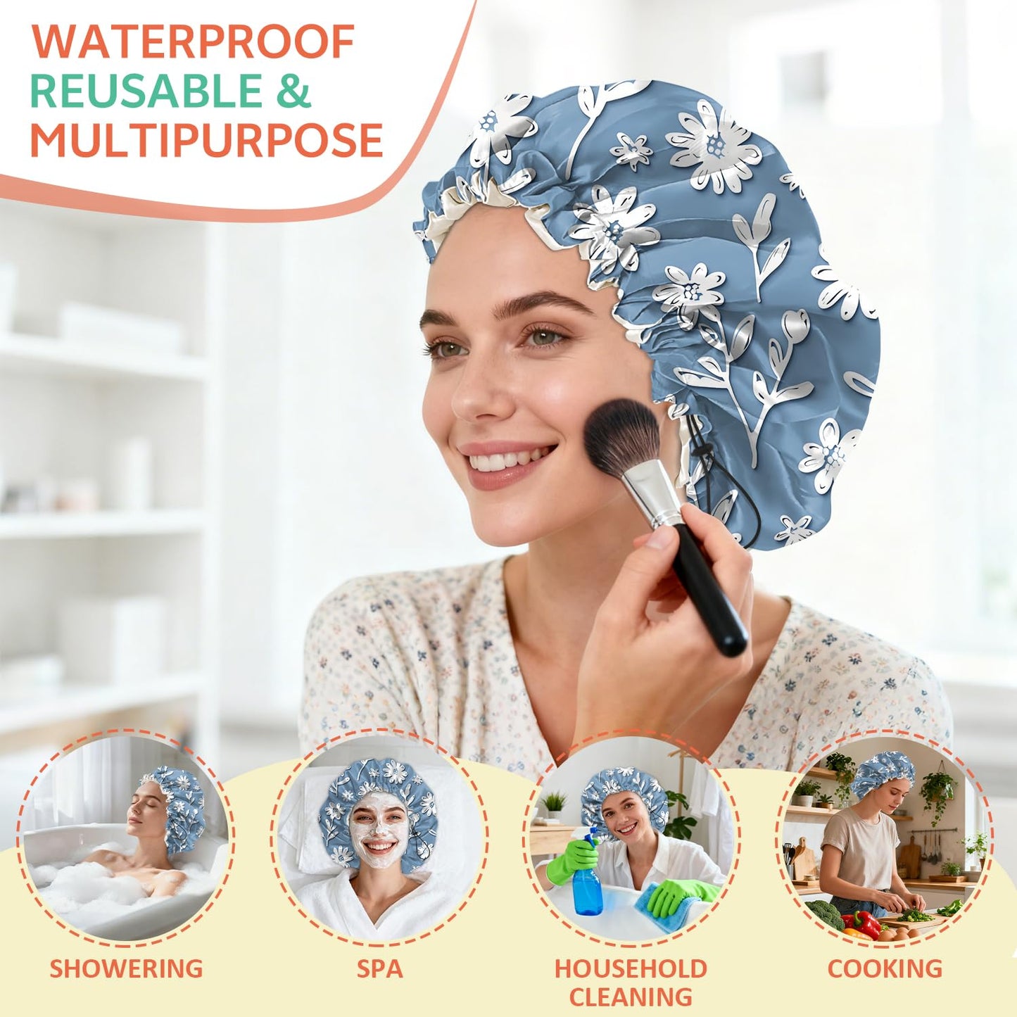 BHAHB Shower Cap Reusable Double Layer Adjustable Elastic Waterproof EVA Hair Bath Caps for Women Girls Cute Aesthetic-White Flower