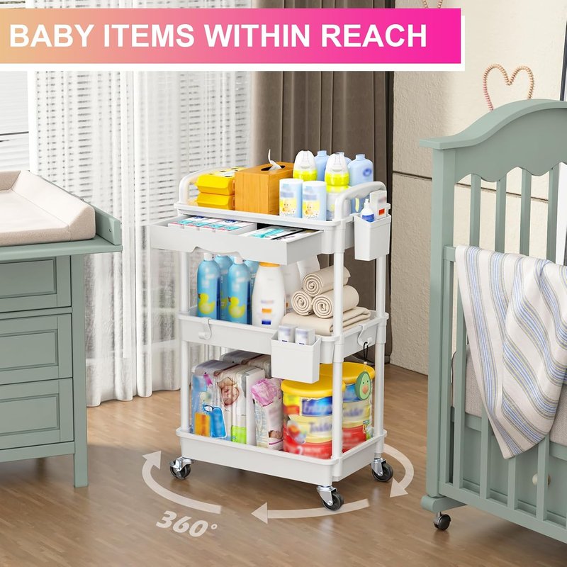 Goovilla 3-Tier Rolling Utility Cart - Sturdy White Organizer with Removable Drawer & Lockable Wheels