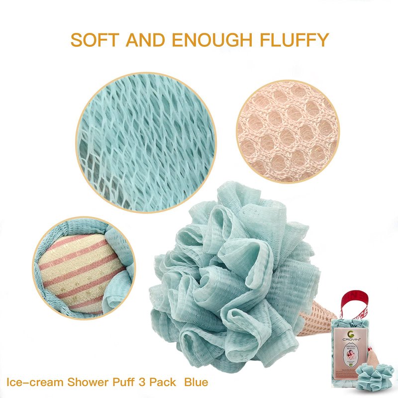 CROVIN Ice Cream Shower Pouf Mesh Ball Bath Loofah Sponge, Men and Children (Blue 4 Packs) Exfoliating Body Scrubber for Body Cleanse