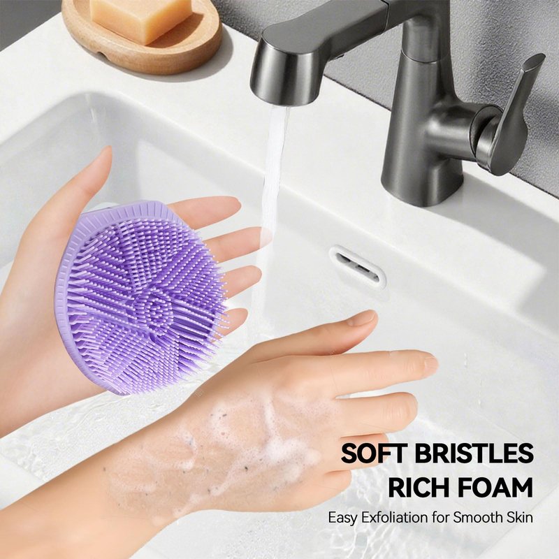 2-Pack Soft Silicone Dual-Sided Body Scrubber & Loofah | Gentle Exfoliating Shower Brush for Men & Women | Creates Rich Lather, Easy to Clean (Gray & Purple)
